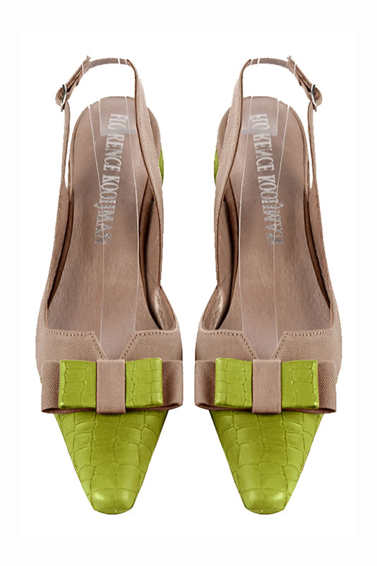 Pistachio green and tan beige women's open back shoes, with a knot. Tapered toe. Flat block heels. Top view - Florence KOOIJMAN